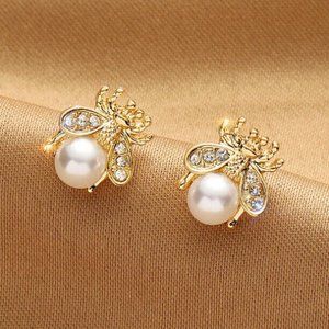 Gold Bee Diamond Crystal Pearl Bee Stud Earrings Women's Party Gift